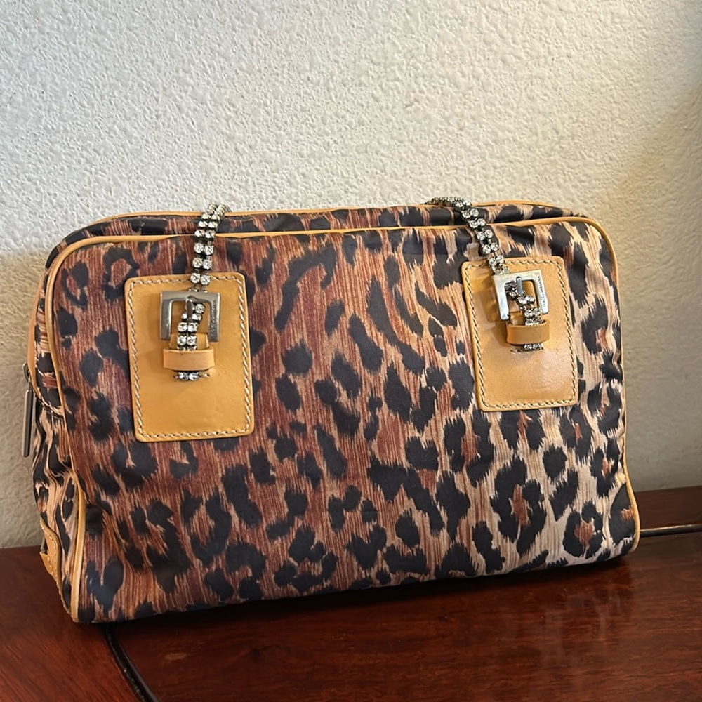 Dolce & Gabbana Leopard-Print Satchel with Crystal Chain Handles - Brown & Black